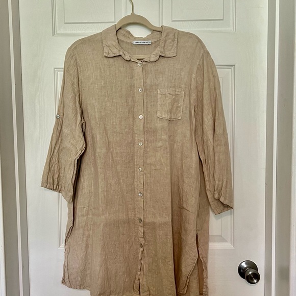 Tempo Paris Oatmeal Button-Up Linen Tunic - Size L - Picture 2 of 4